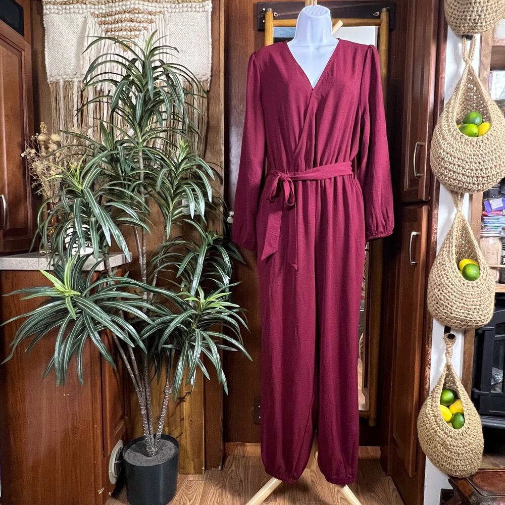 Burgundy Long Sleeve Jumpsuit L Deep V Open Back Tie Waist Harem Romper Wine Red